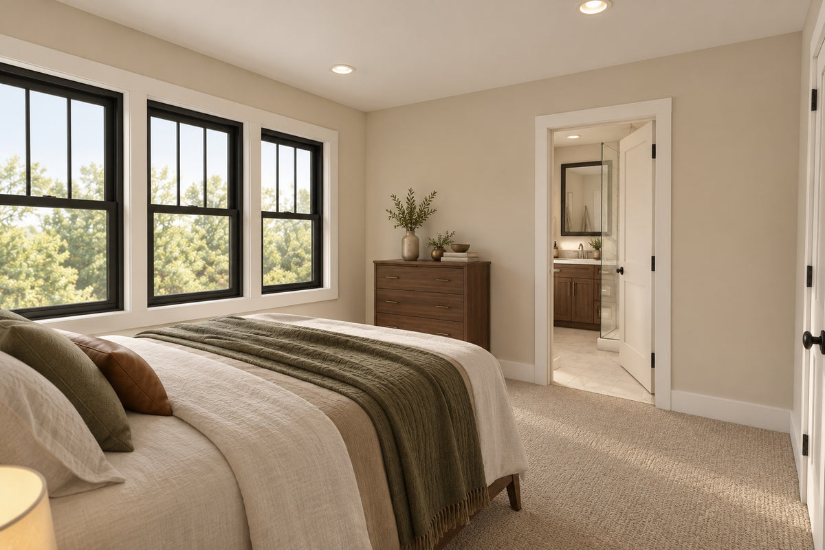 Upstairs bedroom with green bedding and two tall windows, looking toward an adjoining bathroom.