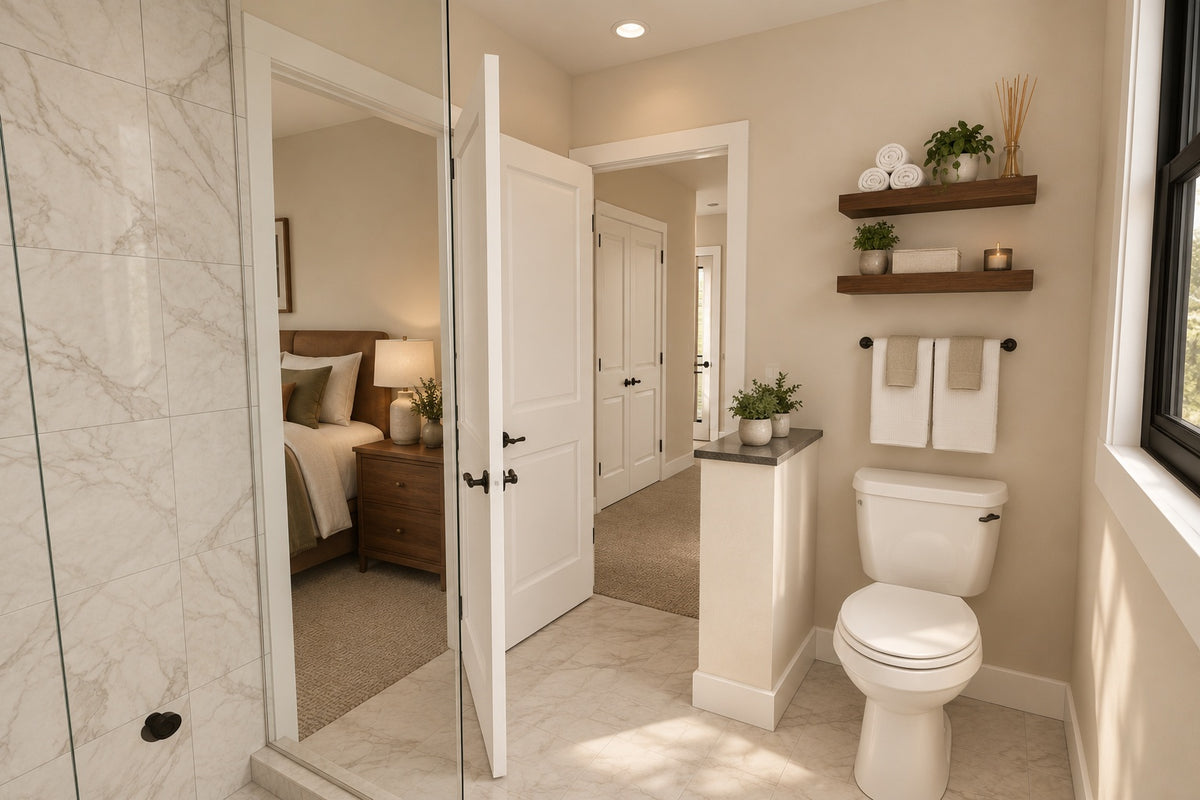 Upstairs bathroom with a glass shower, toilet, floating shelves and a doorway to the bedroom.