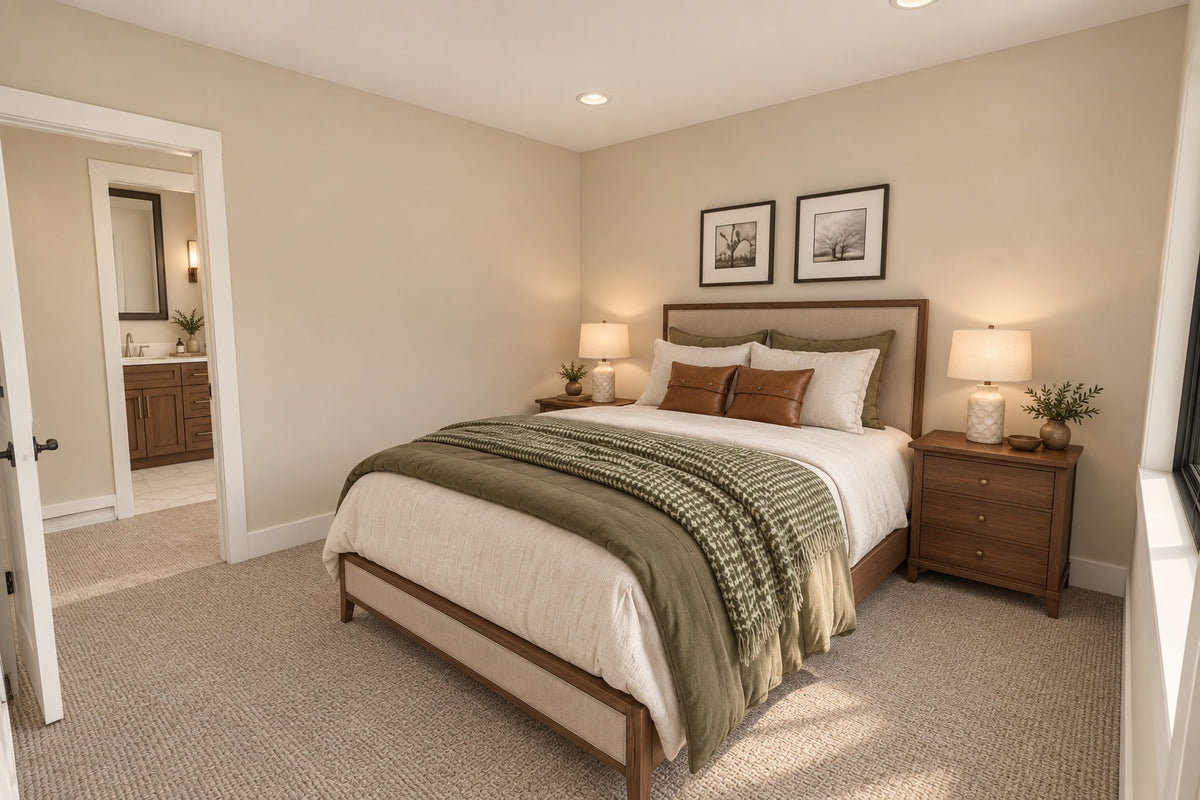 Upstairs bedroom with a wood-framed bed, green throw, paired nightstands and an open doorway to the bathroom.