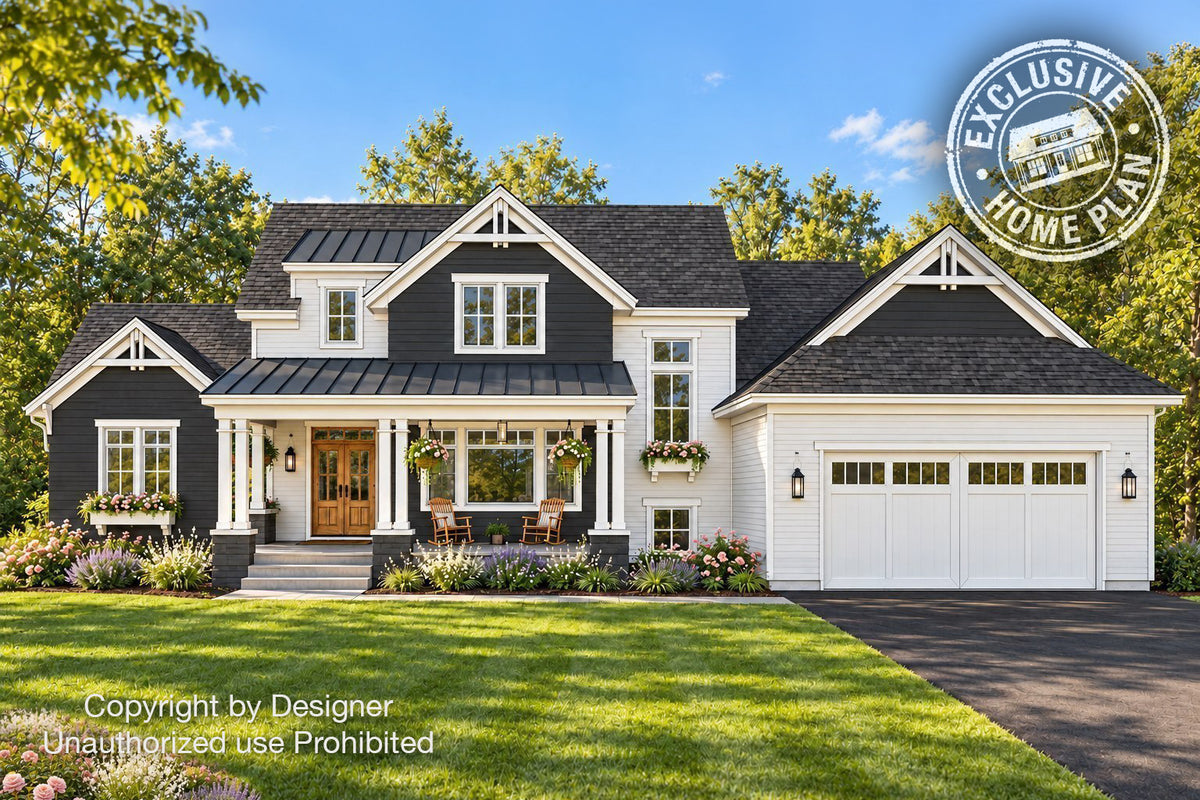 Craftsman style house front exterior with charcoal and white siding, decorative gable trusses, a covered front porch and two-car garage; Exclusive Home Plan stamp.