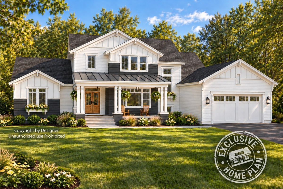 Farmhouse front exterior rendering with white siding, charcoal accents, layered gables, a covered front porch and two-car garage; Exclusive Home Plan stamp.