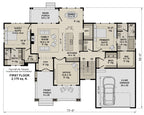 Farmhouse first-floor plan: 2,175 sq. ft. with a guest suite, primary suite, home office/study, kitchen island, walk-in pantry and two-car garage.