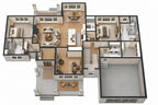 Furnished 3D farmhouse first-floor plan showing the guest suite opposite the primary suite, an open floor plan, home office/study and covered porches.