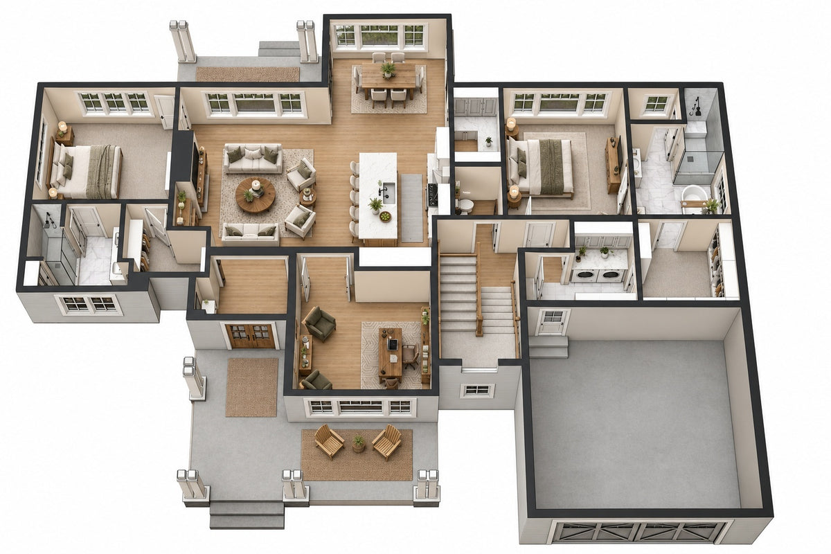 Furnished 3D farmhouse first-floor plan showing the guest suite opposite the primary suite, an open floor plan, home office/study and covered porches.
