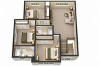 Furnished 3D farmhouse second-floor plan with three bedrooms, two bathrooms and a loft seating area adjoining the stair landing.
