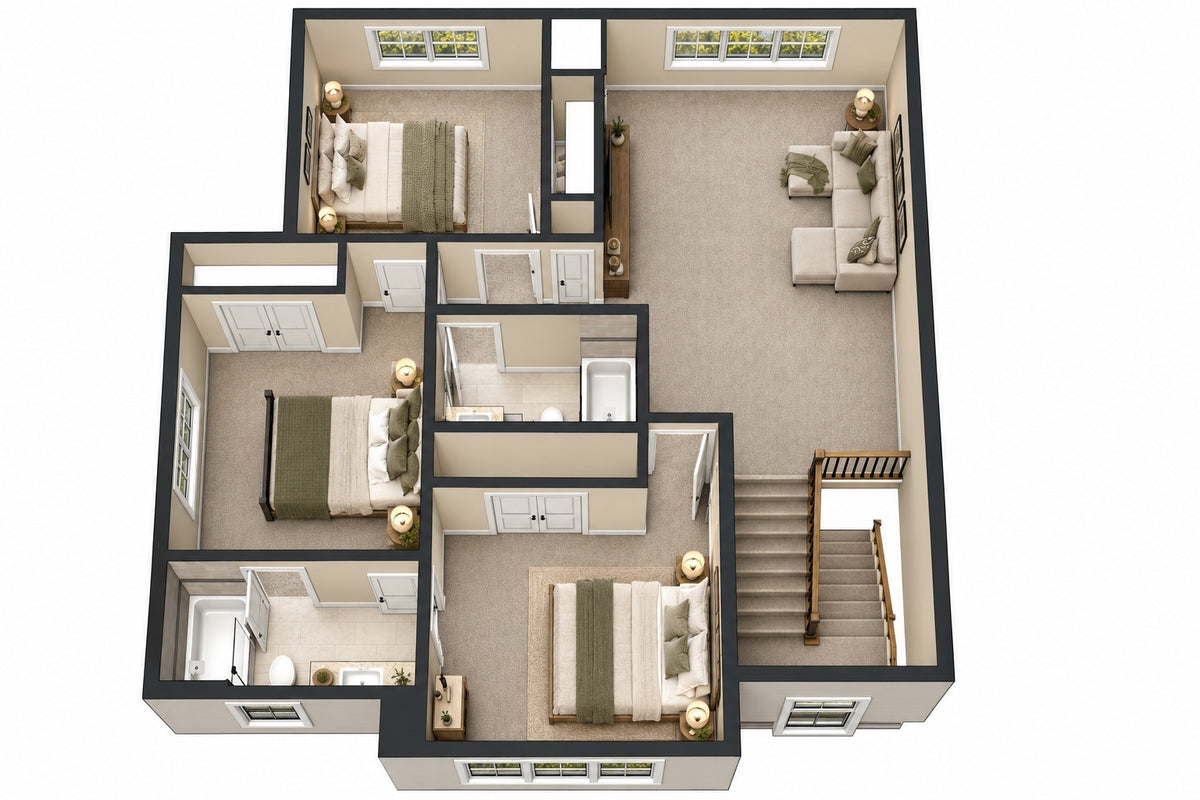 Furnished 3D farmhouse second-floor plan with three bedrooms, two bathrooms and a loft seating area adjoining the stair landing.