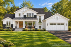 Straight-on farmhouse exterior rendering with white siding, layered front gables, grouped porch columns, wood entry doors and a two-car garage.