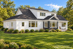 Rear-left farmhouse exterior rendering with white lap siding, a broad upper dormer, a window-lined dining area and covered back porch.