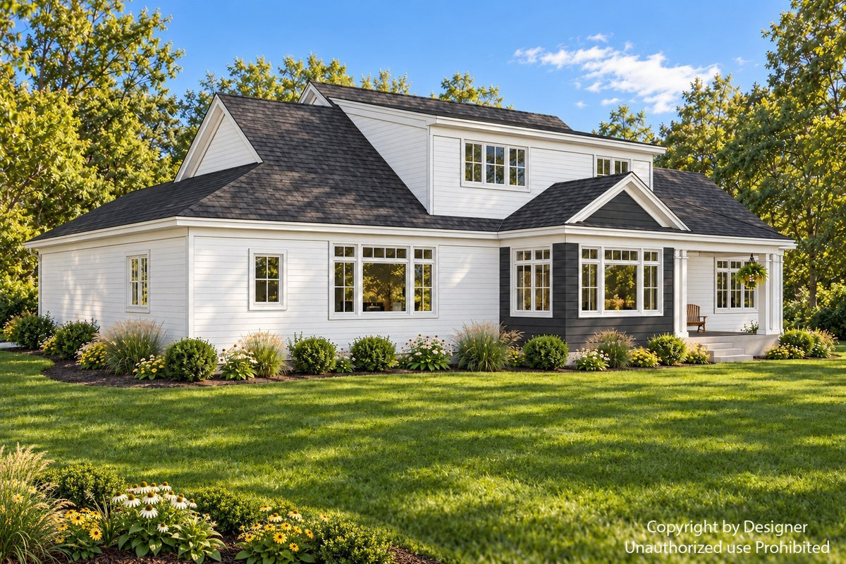 Rear-left farmhouse exterior rendering with white lap siding, a broad upper dormer, a window-lined dining area and covered back porch.