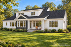 Rear-right farmhouse exterior rendering showing the covered back porch, grouped white columns, upper shed dormer and projecting side wing.