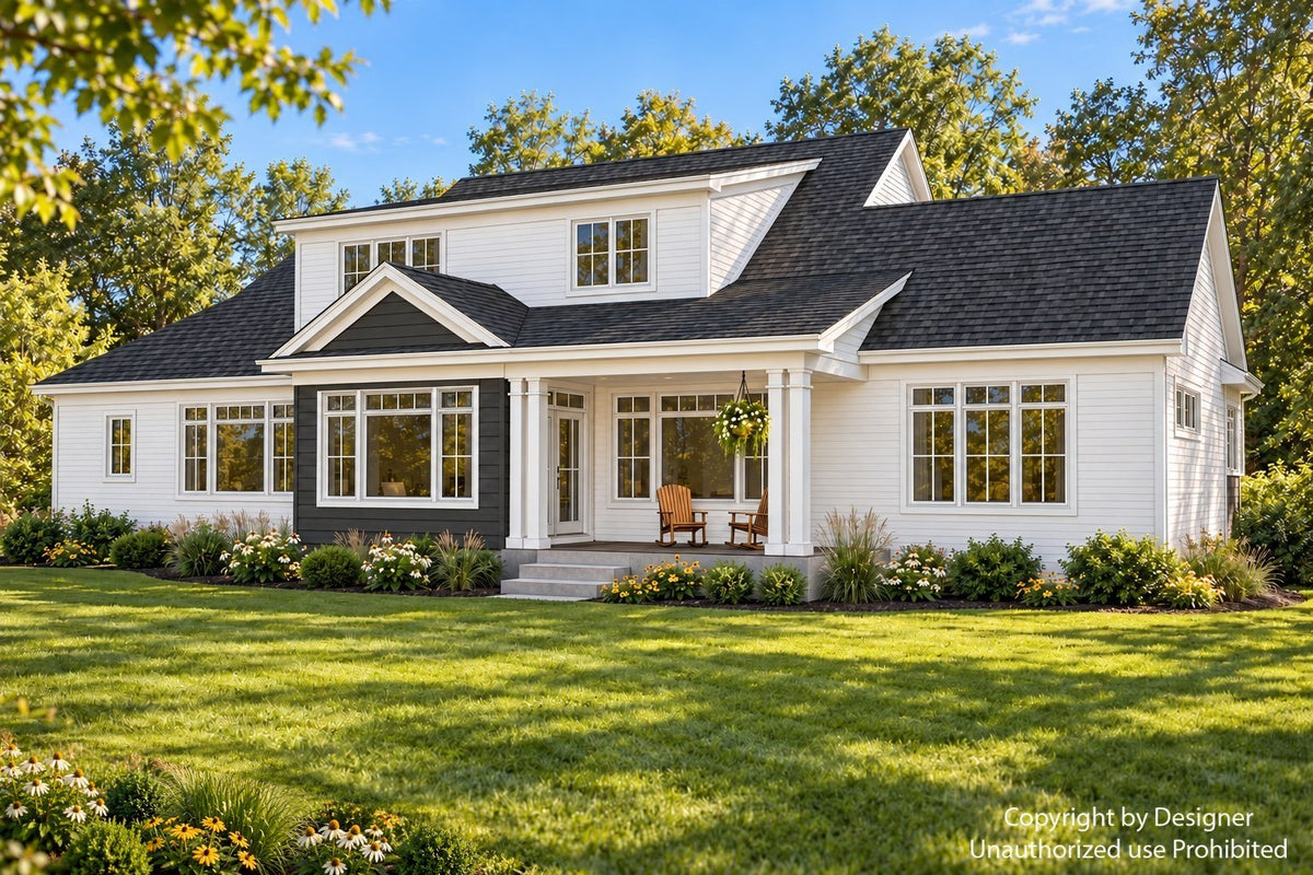 Rear-right farmhouse exterior rendering showing the covered back porch, grouped white columns, upper shed dormer and projecting side wing.