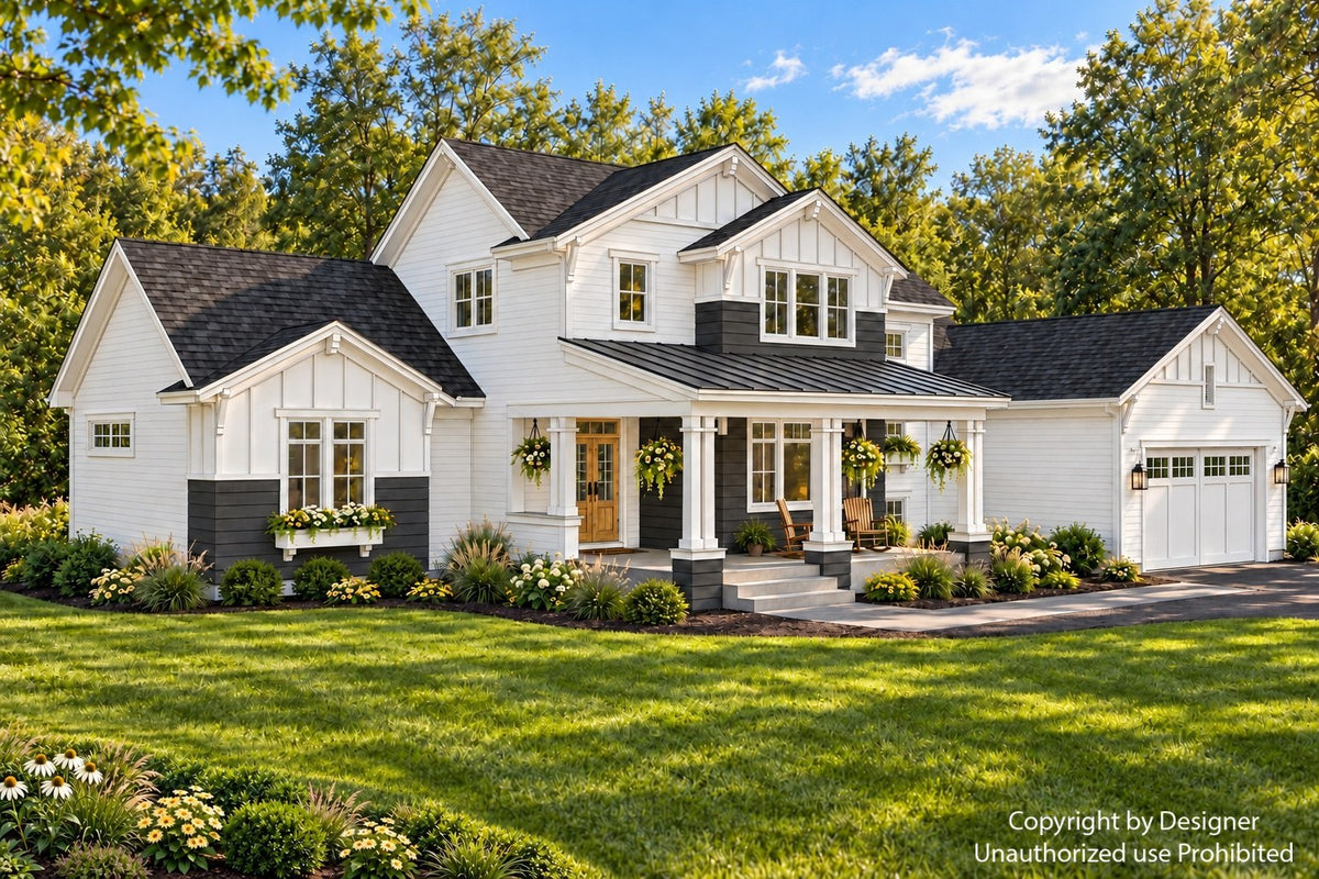 Angled farmhouse front exterior rendering showing the guest-suite wing, board-and-batten gables, covered front porch and attached two-car garage.