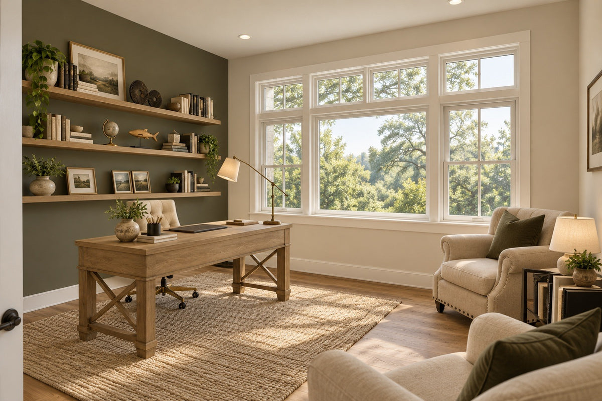 Home office/study with a wood desk, built-in shelves on a green accent wall, paired armchairs and a wide front window.