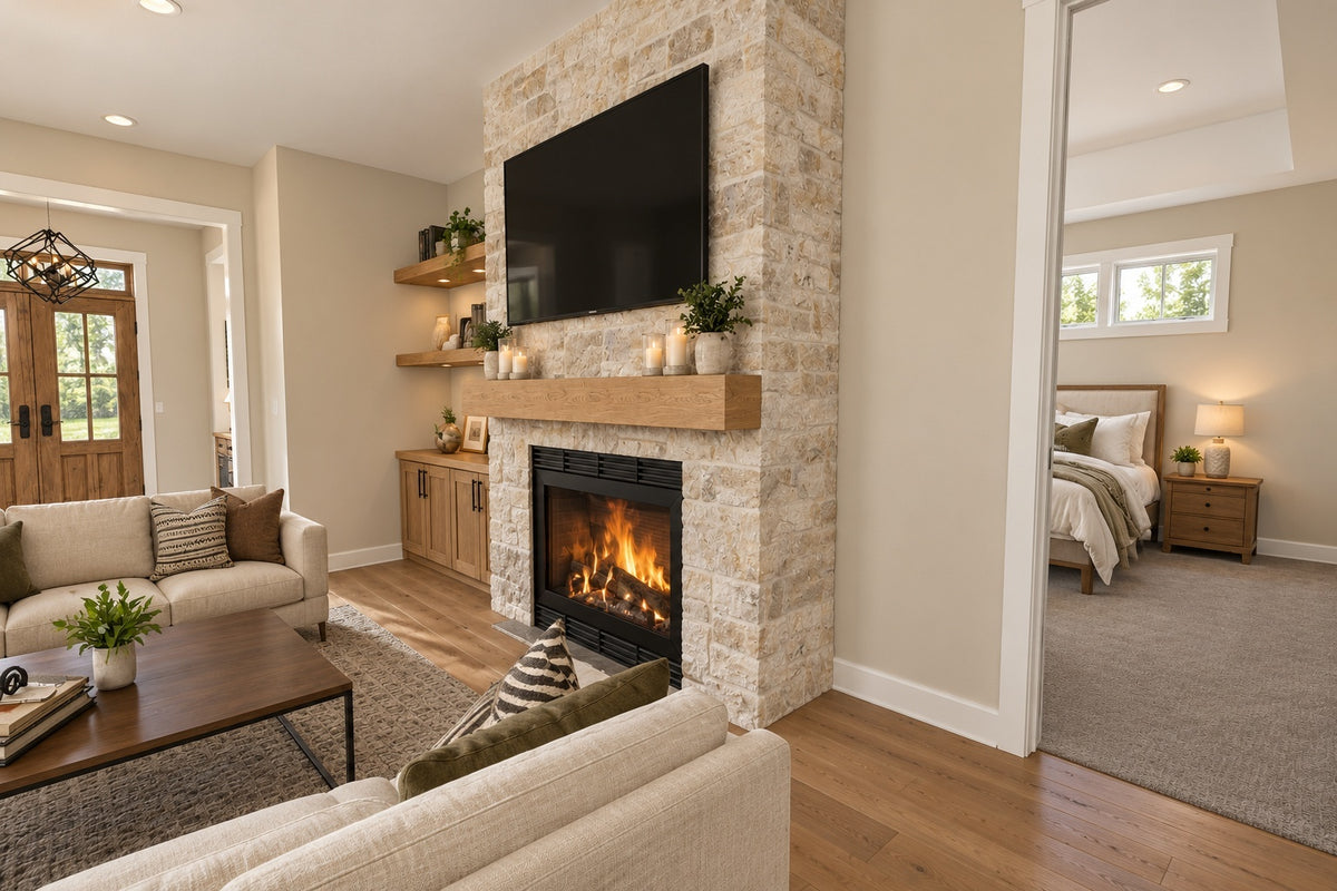 Great room fireplace with a stone surround and wood shelving, beside the doorway to the main-floor guest suite.