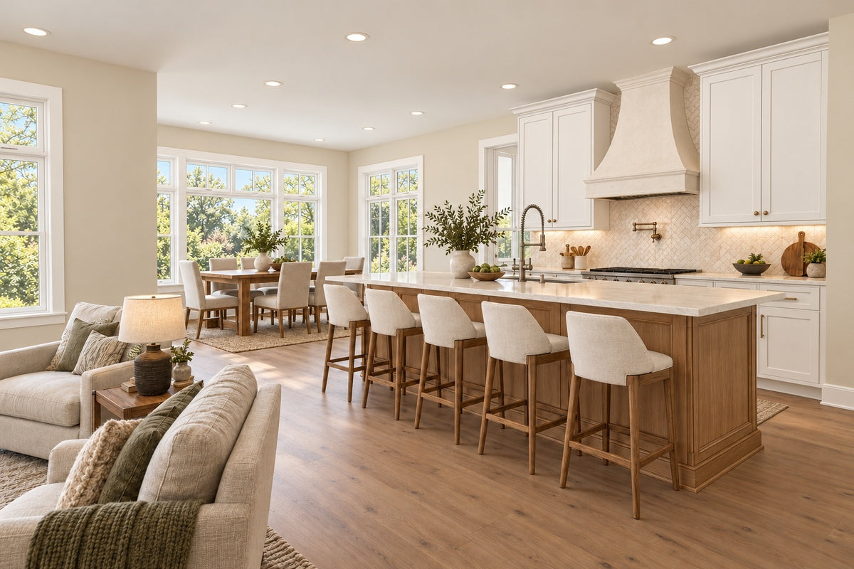 Wood kitchen island with four upholstered stools, white cabinetry and a range hood, with the dining area beside broad windows.
