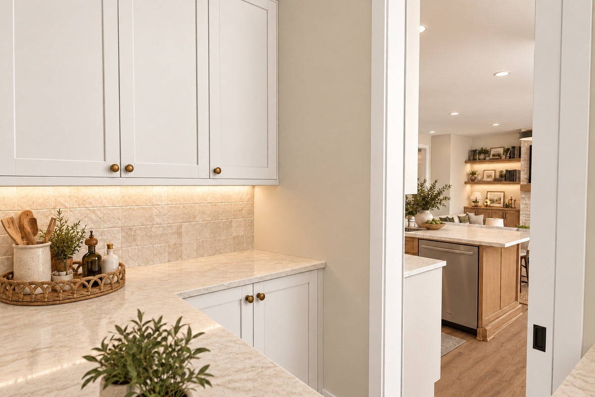 Walk-in pantry with white cabinetry, a pale countertop and tile backsplash, opening to the kitchen island.