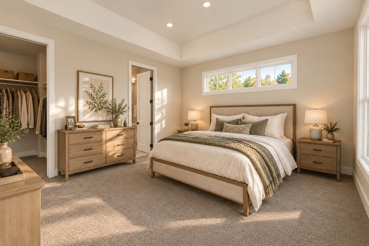 Main-floor guest suite with a tray ceiling, upholstered bed, high windows and an open doorway to its walk-in closet.