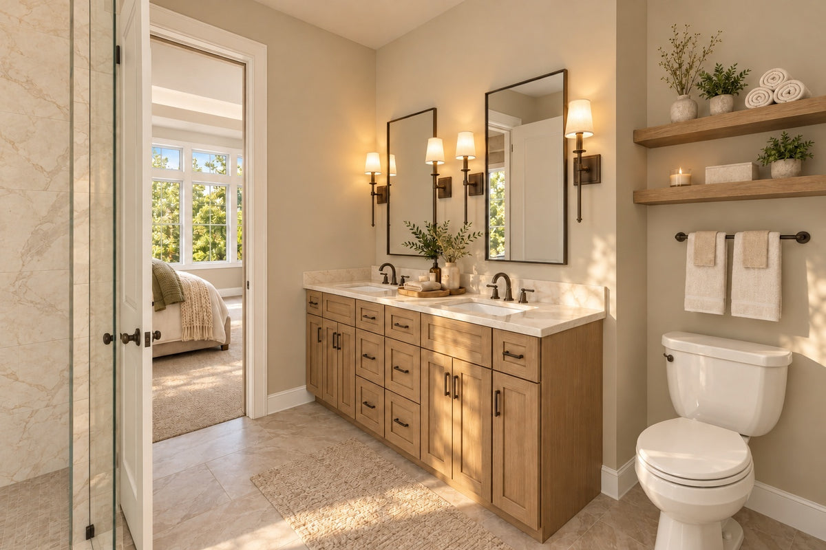 Guest-suite bathroom with a wood double vanity, paired mirrors, wall sconces and a toilet beneath open shelves.