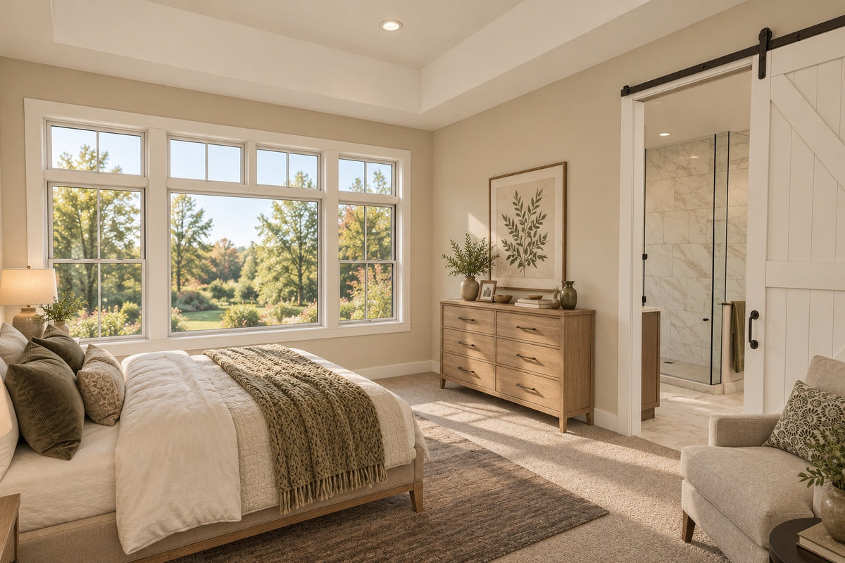 Main-floor primary suite with wide windows, neutral bedding and a sliding barn door opening to the bathroom.