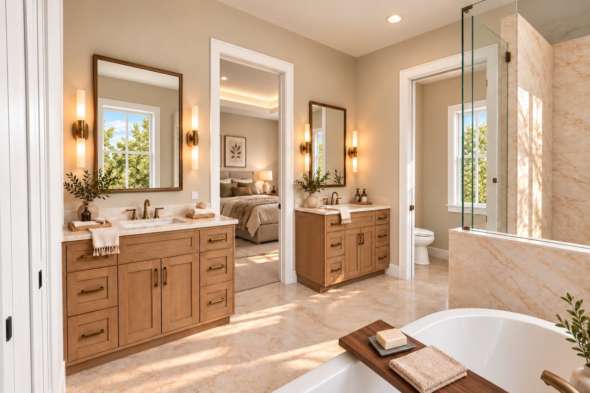 Primary bathroom with separate wood vanities, a freestanding tub and a glass shower, looking toward the bedroom.