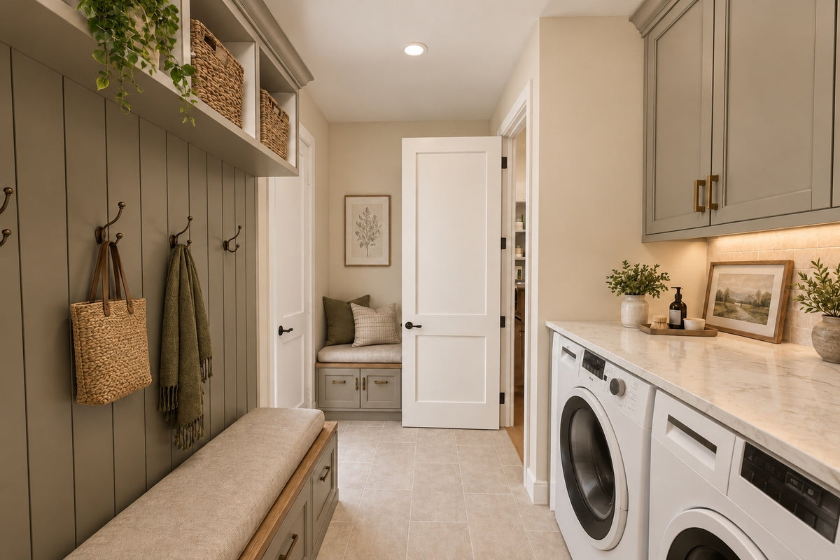 First-floor laundry and mud room with a washer and dryer under a counter, green cabinetry, coat hooks and a built-in bench.