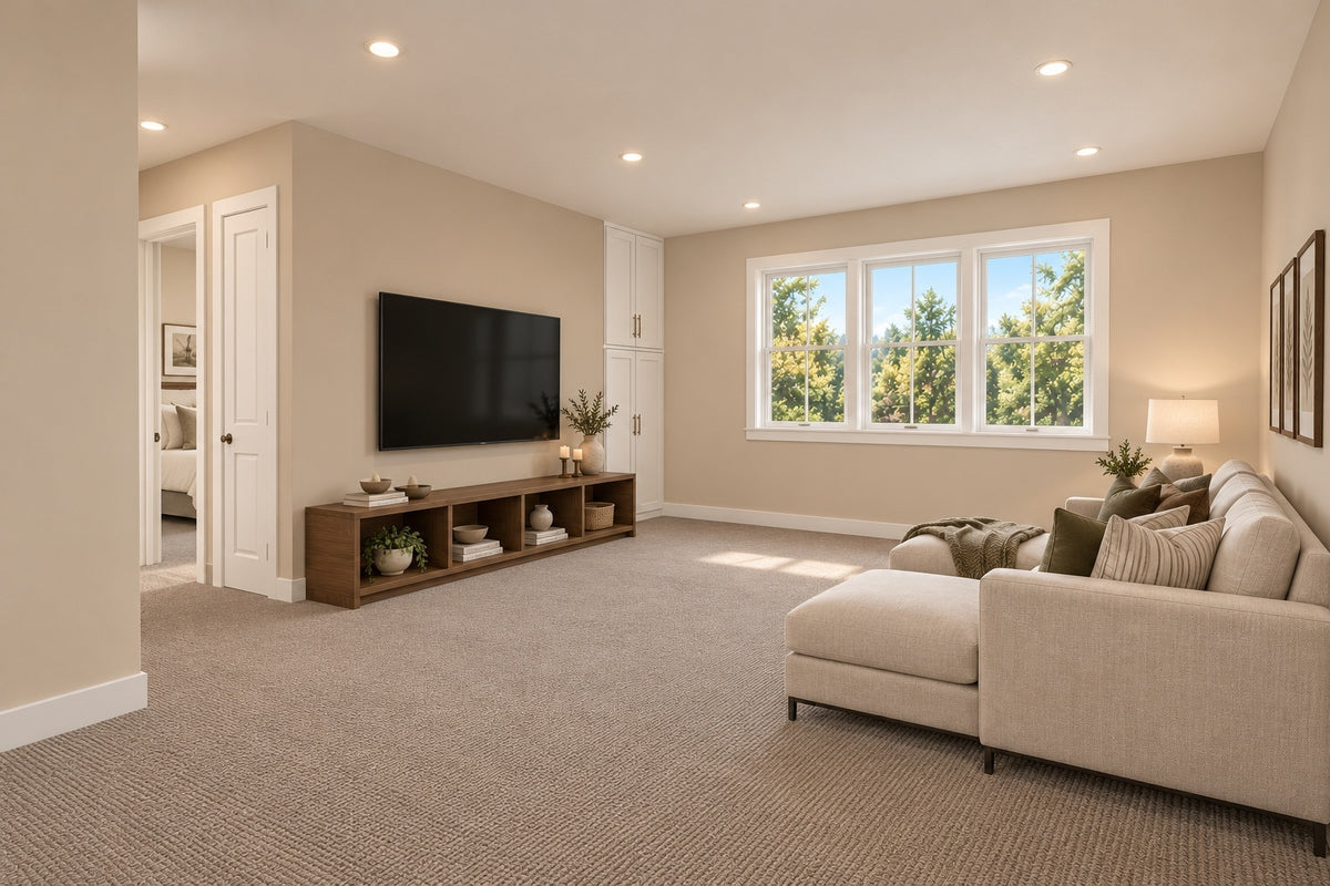 Upstairs loft with a sectional sofa, television console, neutral carpeting and a wide window.