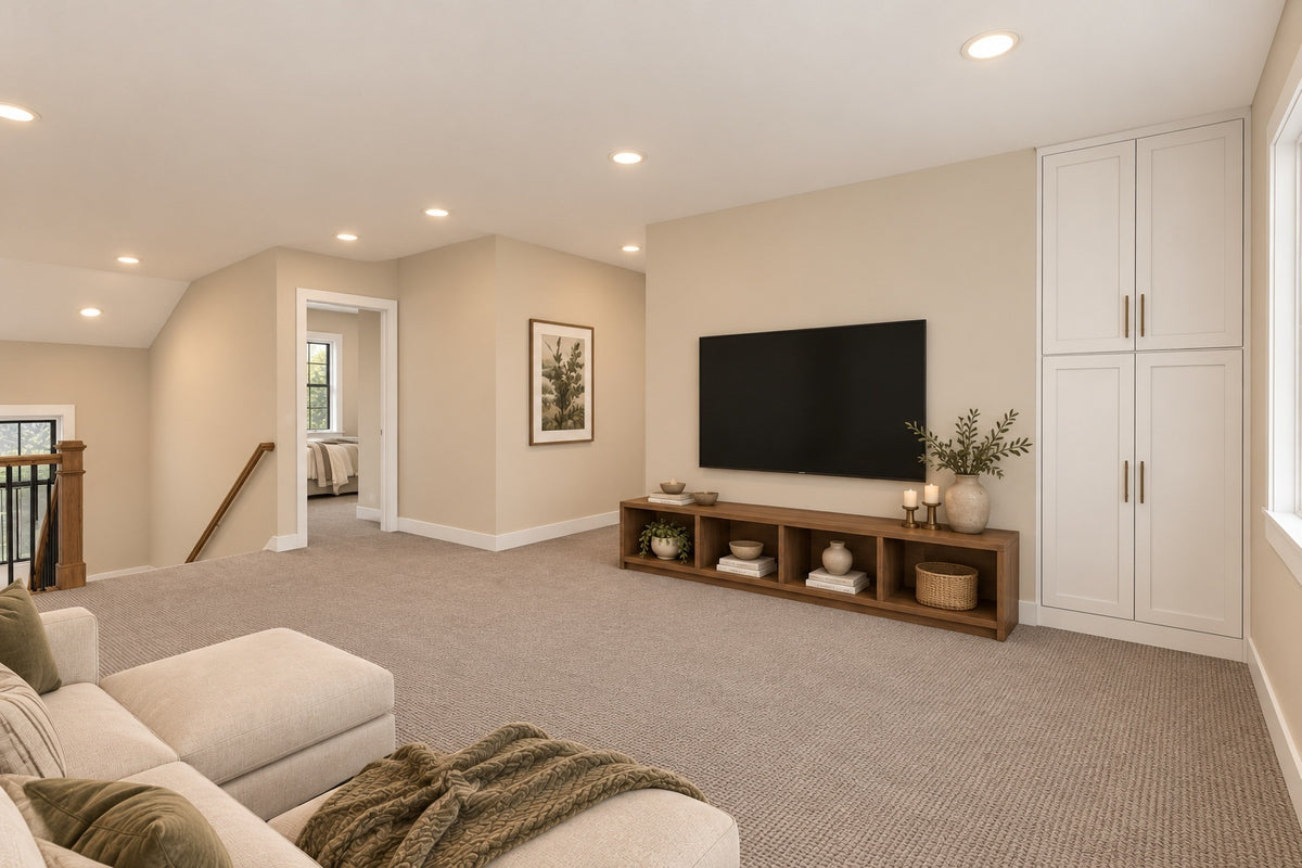 Upstairs loft television area with built-in cabinets, an open bedroom doorway and the stair railing beside the seating.