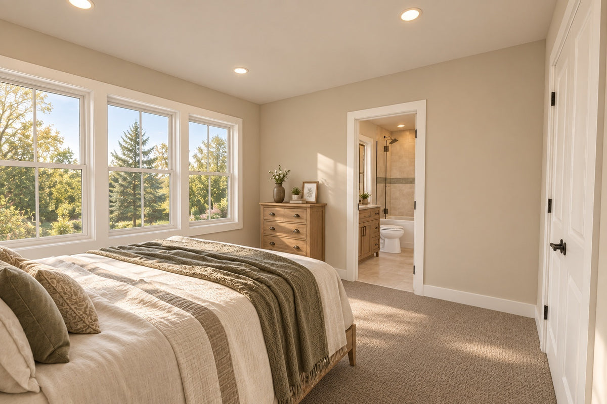 Upstairs bedroom with green bedding and a large window, looking toward an adjoining bathroom.