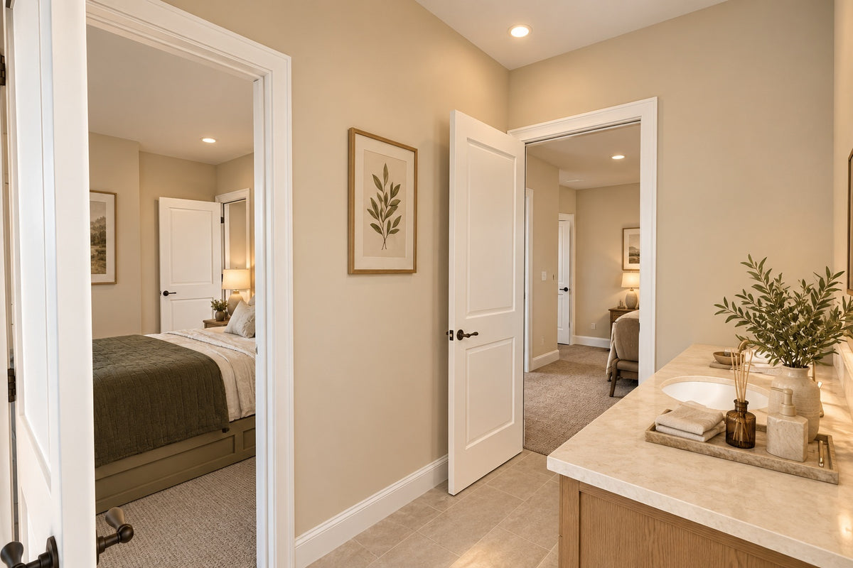 Upstairs shared bathroom with a wood vanity, pale countertop and separate doorways leading to two bedrooms.