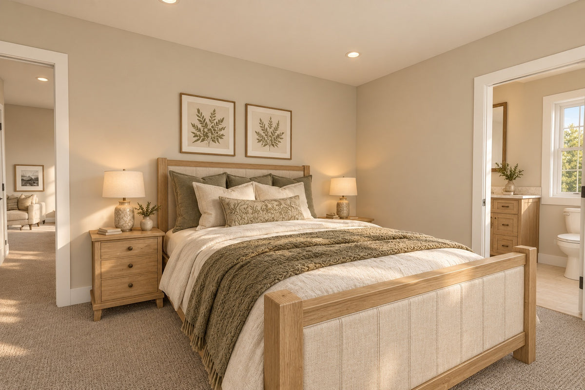 Upstairs bedroom with a wood-framed bed, green throw, matching nightstands and a doorway to the shared bathroom.