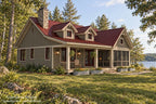 Loon Cove cabin rendering with gray siding, a red metal roof, twin dormers, a stone chimney and covered front porch.