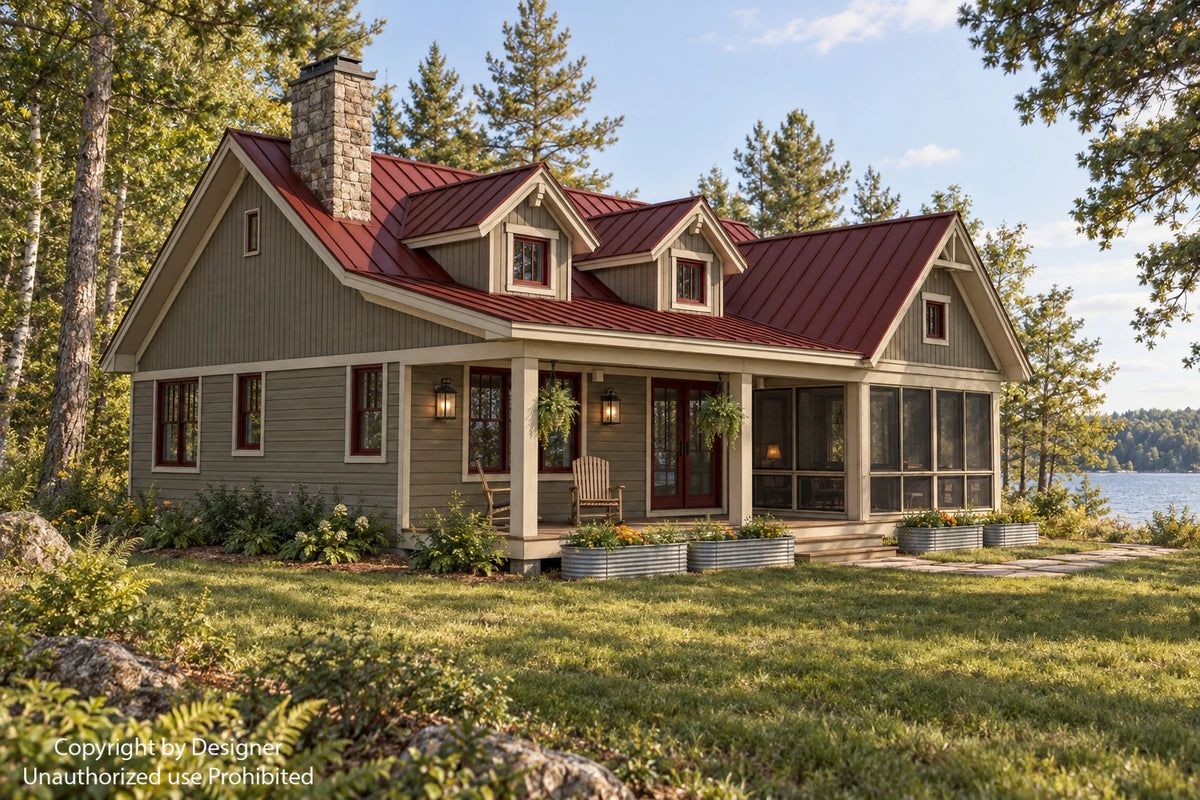 Loon Cove cabin rendering with gray siding, a red metal roof, twin dormers, a stone chimney and covered front porch.