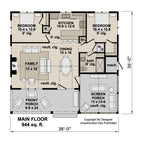 Loon Cove main-floor plan: 944 sq. ft., two bedrooms, one bath, open family and dining rooms, a front porch and screened porch.