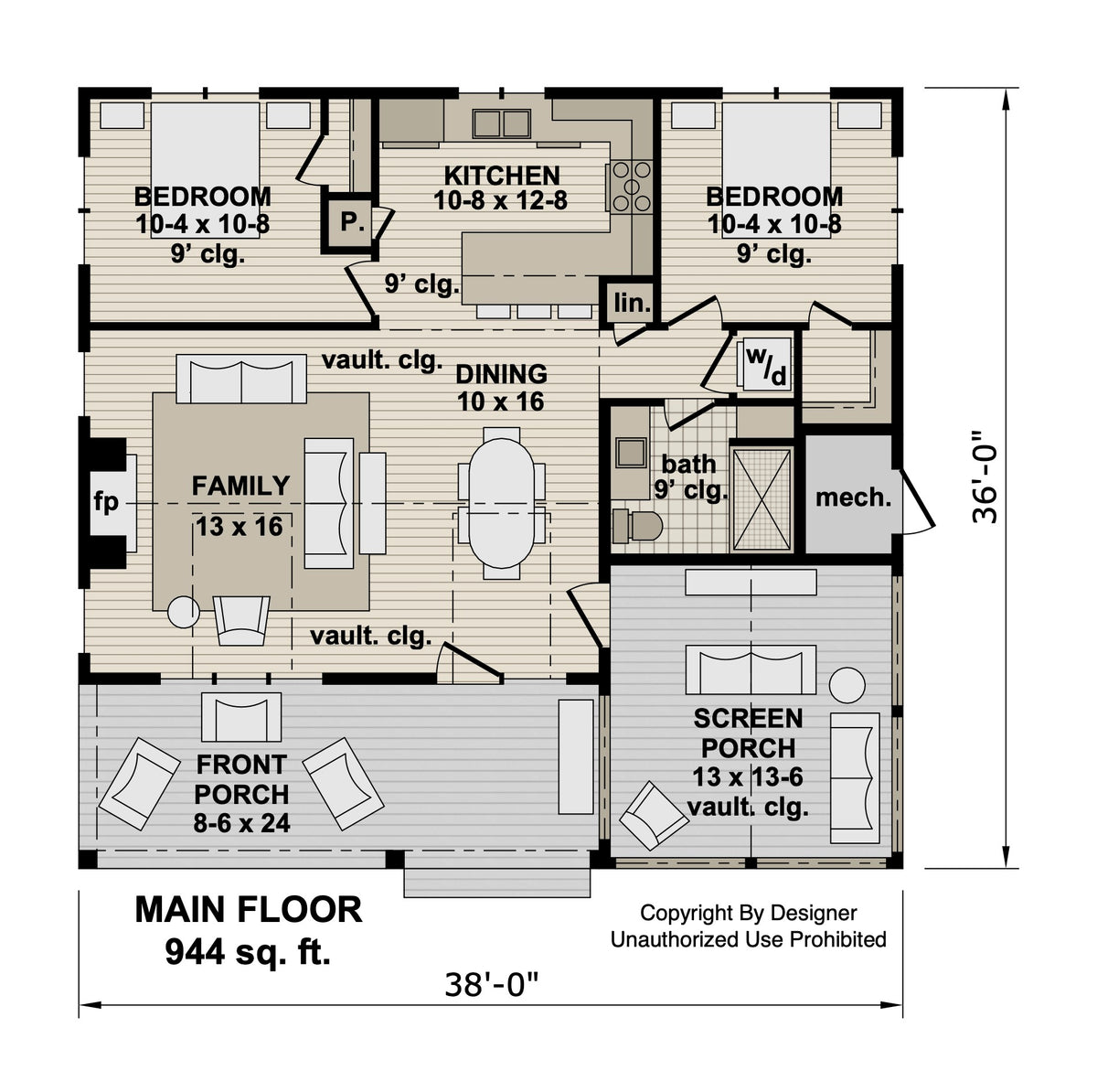 Loon Cove main-floor plan: 944 sq. ft., two bedrooms, one bath, open family and dining rooms, a front porch and screened porch.