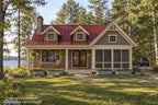 Front elevation rendering of Loon Cove with twin dormers above the covered entry and a screened porch beneath the right gable.