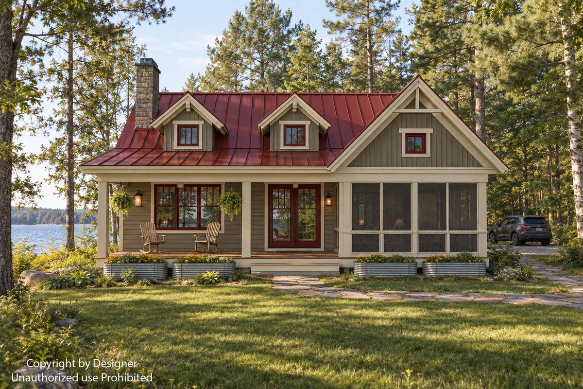 Front elevation rendering of Loon Cove with twin dormers above the covered entry and a screened porch beneath the right gable.