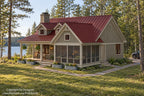 Front-right cabin rendering showing the screened porch, covered entry, red roof and wooded lakeside setting.