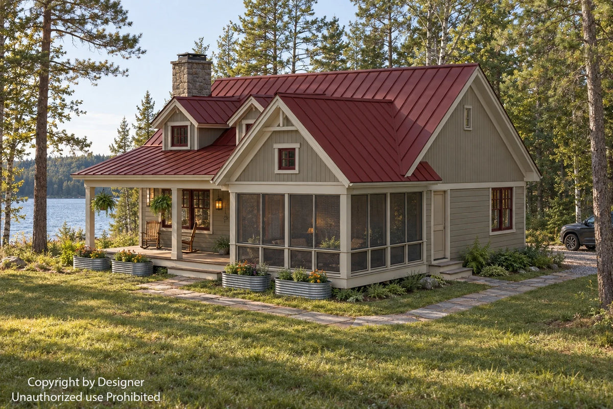 Front-right cabin rendering showing the screened porch, covered entry, red roof and wooded lakeside setting.