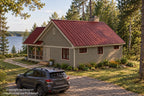 Right-rear exterior rendering with the screened porch, side-entry door, high windows and gravel driveway.