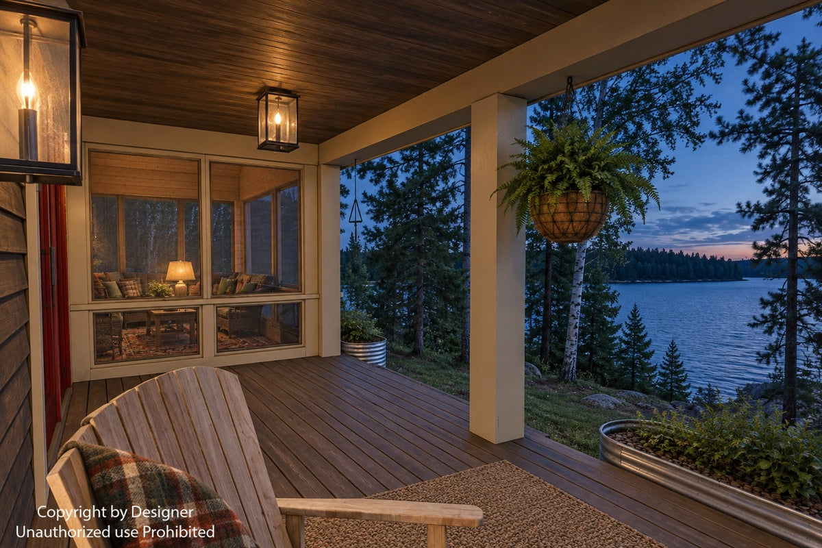 Dusk rendering of the covered front porch with a glowing wall lantern, rocking chair and lake beyond the porch.