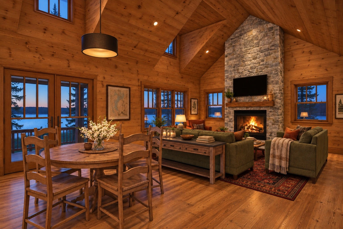 Family and dining room rendering with a vaulted wood ceiling, stone fireplace, green sofas and a round dining table.