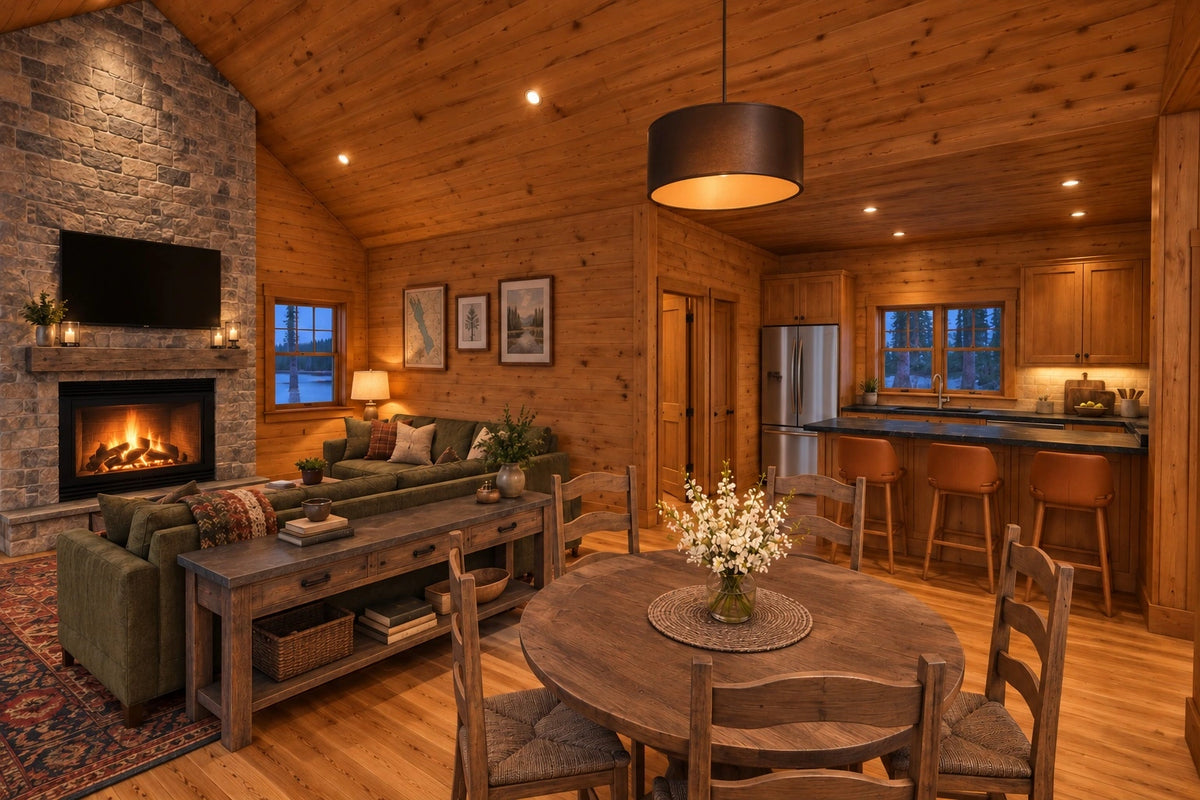 Dining area rendering with a round table between the family-room fireplace and the open kitchen eating bar.
