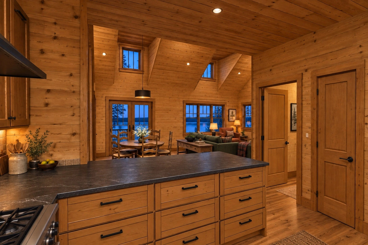 Kitchen rendering looking over the dark peninsula countertop toward the dining and family rooms, with a bedroom doorway at right.