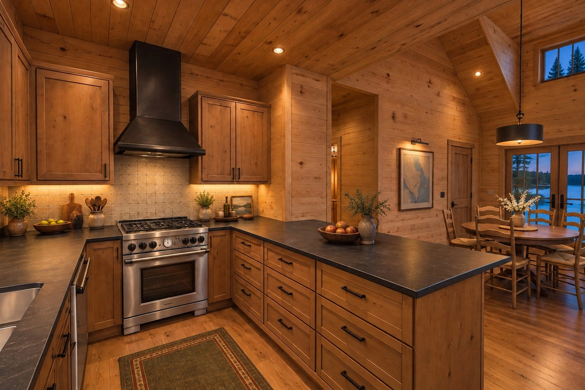 Kitchen rendering with wood cabinetry, a dark range hood, corner counters and a peninsula beside the dining area.