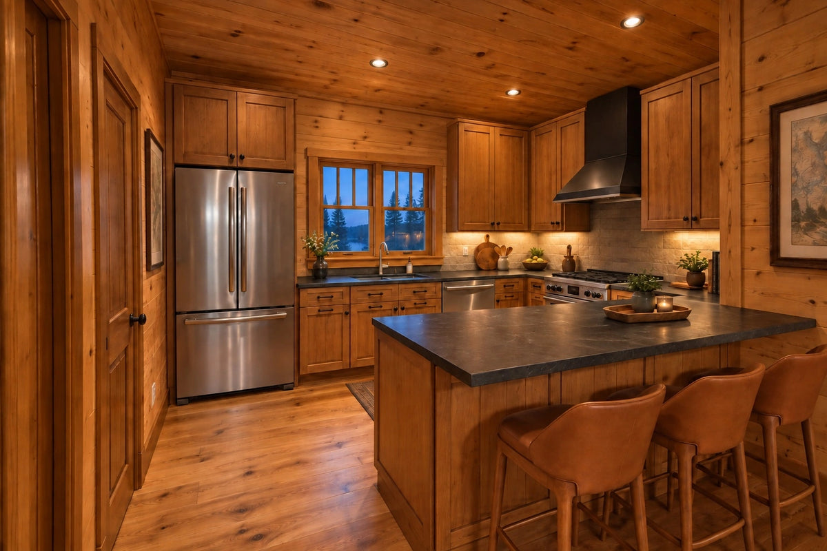 Kitchen rendering with three stools at the peninsula, a stainless refrigerator and a sink beneath the window.