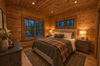 Bedroom rendering with green plaid bedding, wood walls, a forest-facing window and high windows above the headboard.