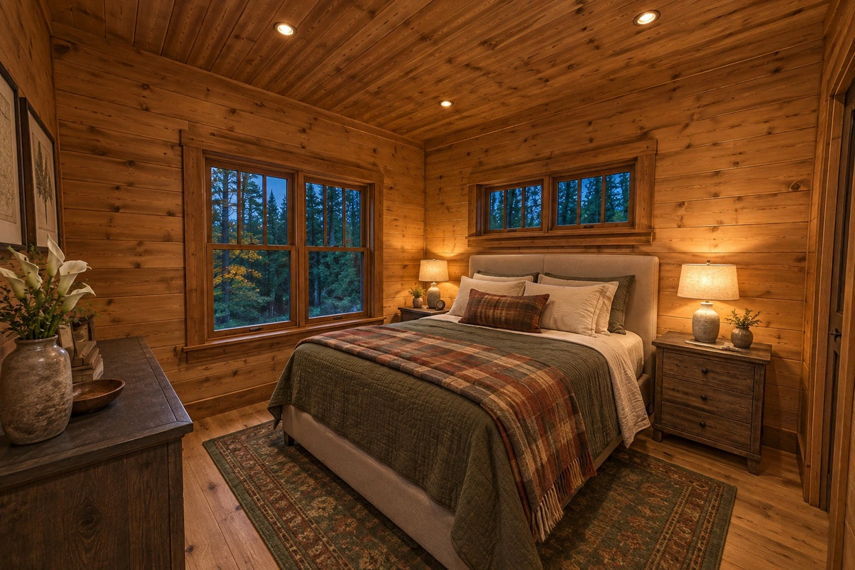 Bedroom rendering with green plaid bedding, wood walls, a forest-facing window and high windows above the headboard.