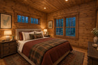 Second bedroom rendering with red plaid bedding, wood walls, bedside lamps and windows along two walls.
