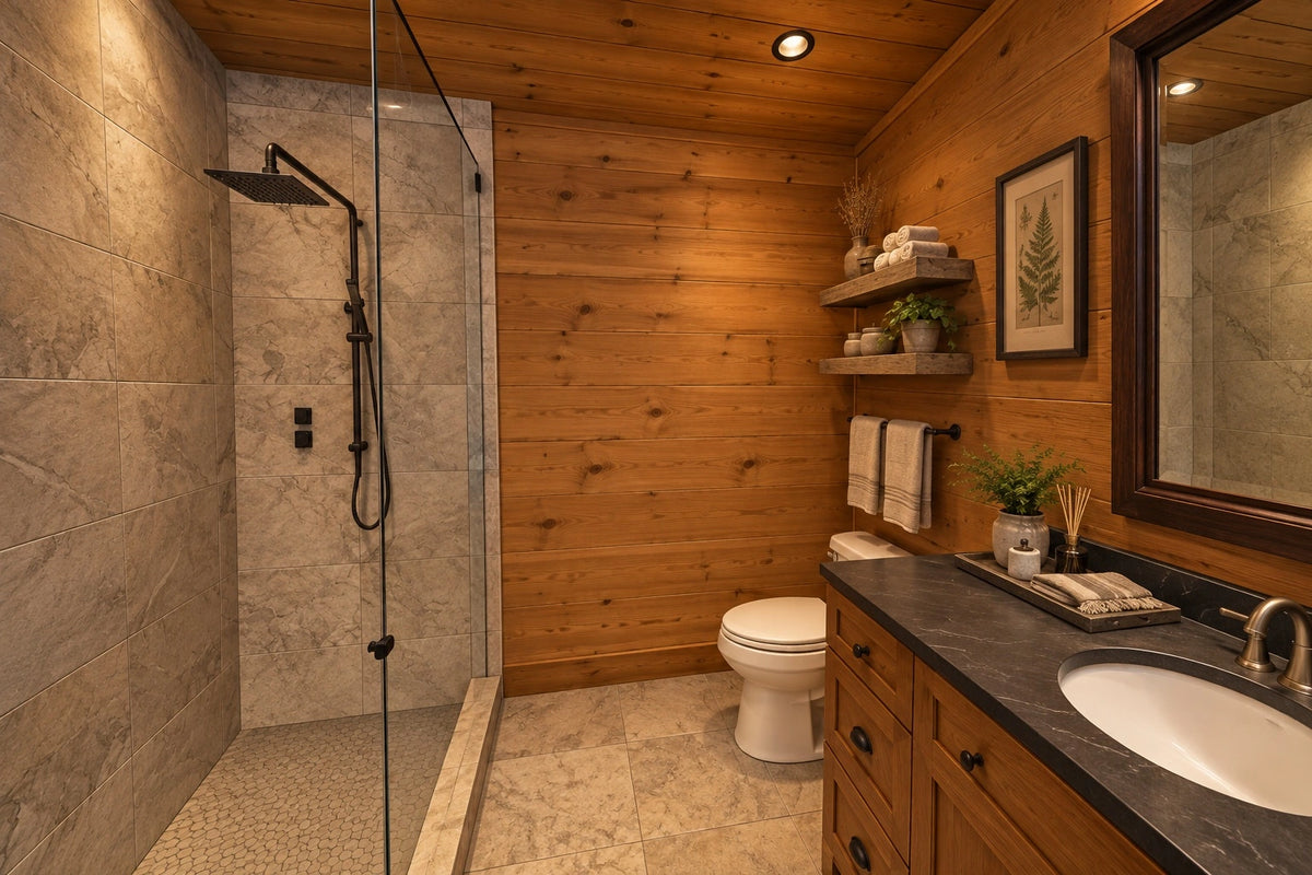 Bathroom rendering with a glass shower enclosure, stone-look tile, a wood vanity and a dark countertop.