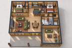 Furnished 3D main-floor plan of Loon Cove with two bedrooms, one bathroom, an open kitchen, dining and family room, a front porch and screened porch.